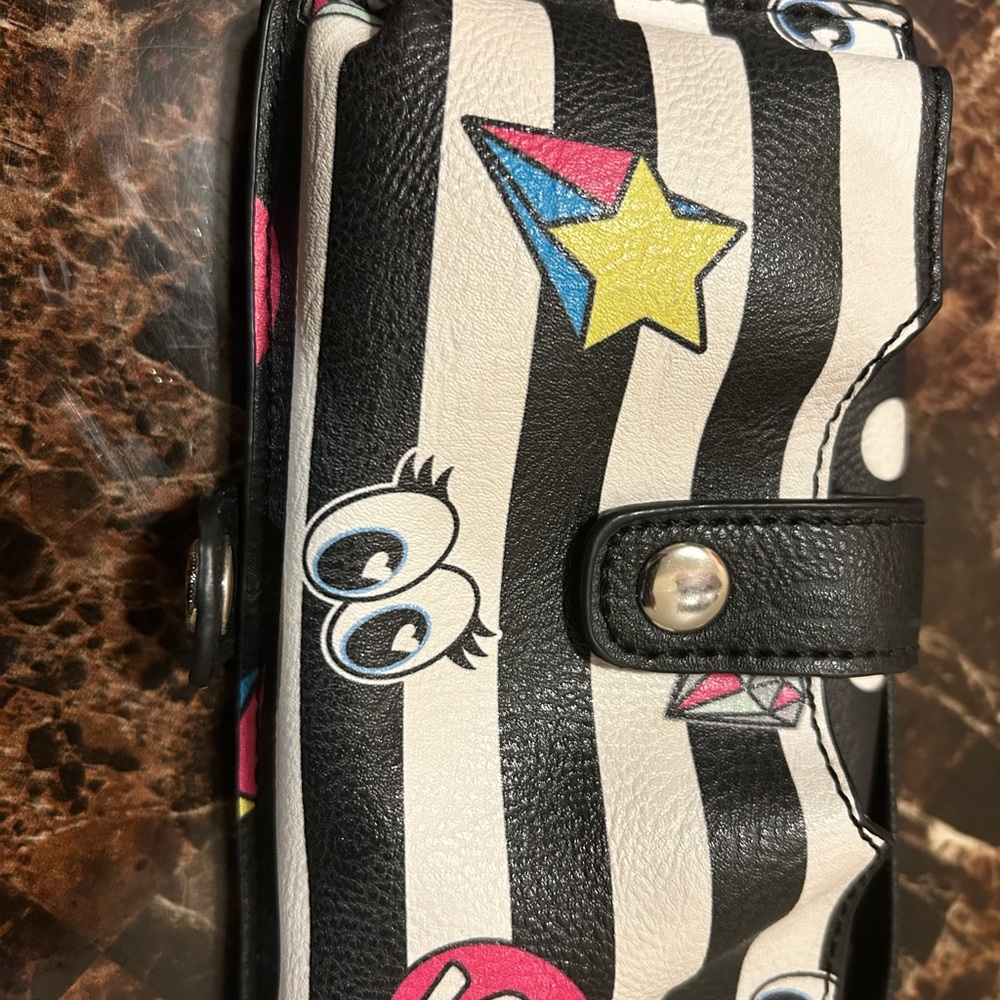 Black and white striped and polka dot wallet / crossbody with emojis